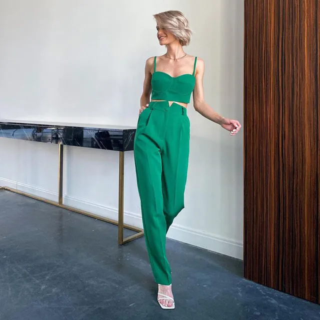 2-piece vest crop top and high waist flare pants suit