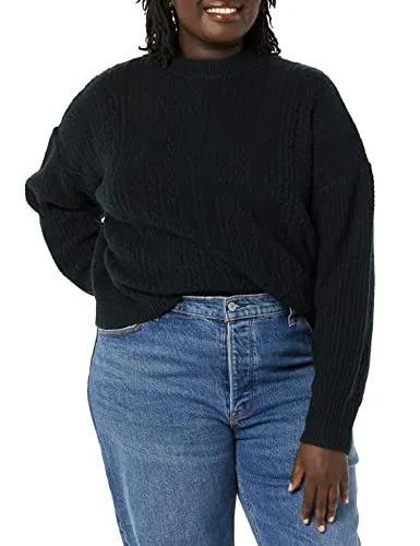 Amazon Essentials Women's Soft-Touch Modern Cable Crewneck Sweater (Available in Plus Size), Black, Small