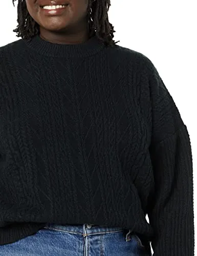 Amazon Essentials Women's Soft-Touch Modern Cable Crewneck Sweater (Available in Plus Size), Black, Small