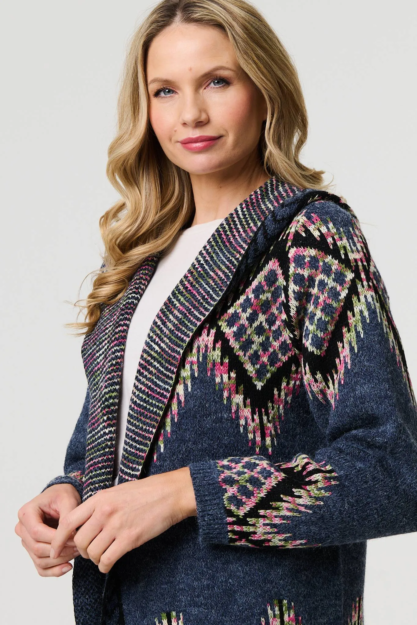 Aztec Print Longline Hooded Knit Jacket