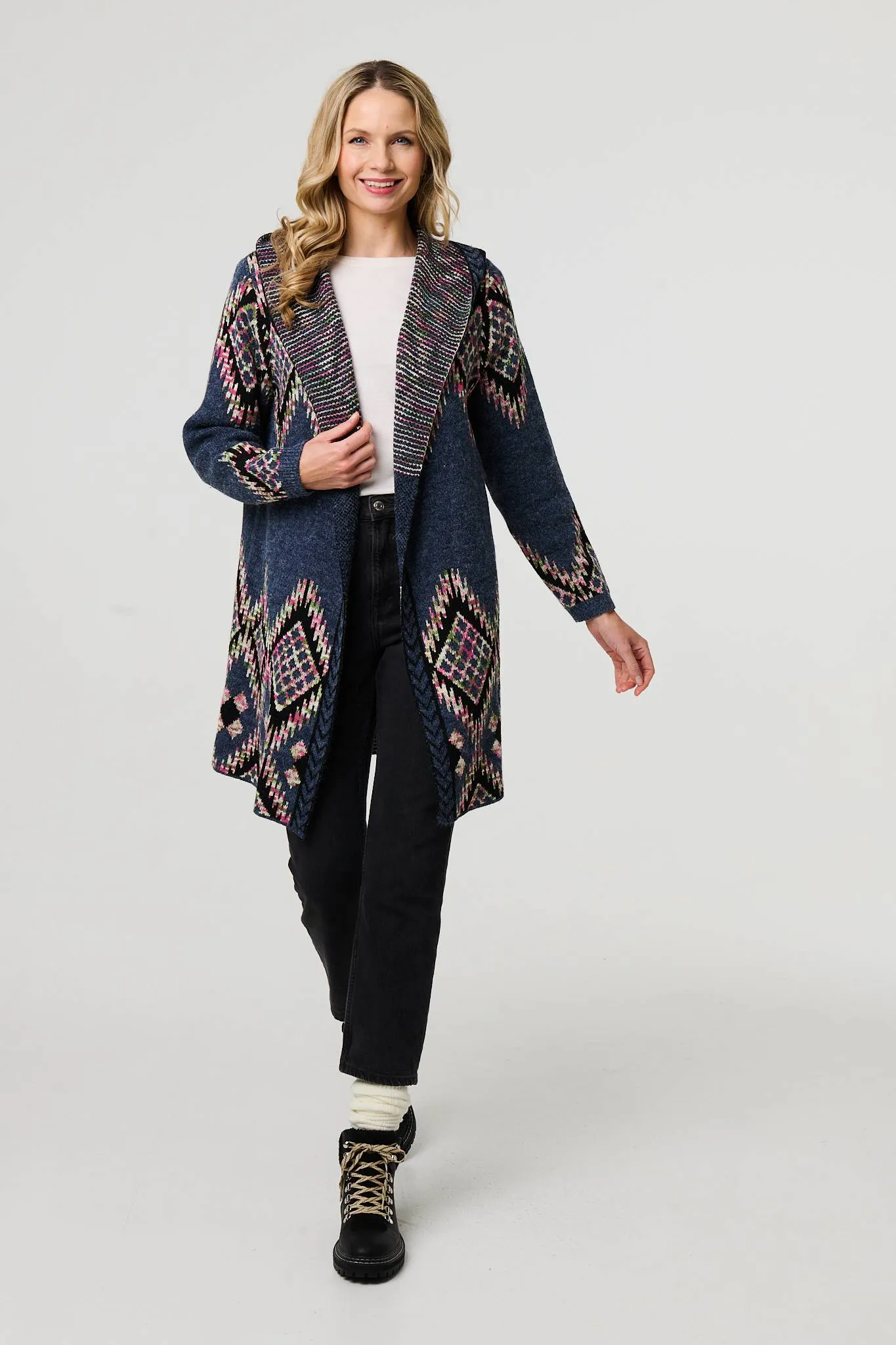 Aztec Print Longline Hooded Knit Jacket