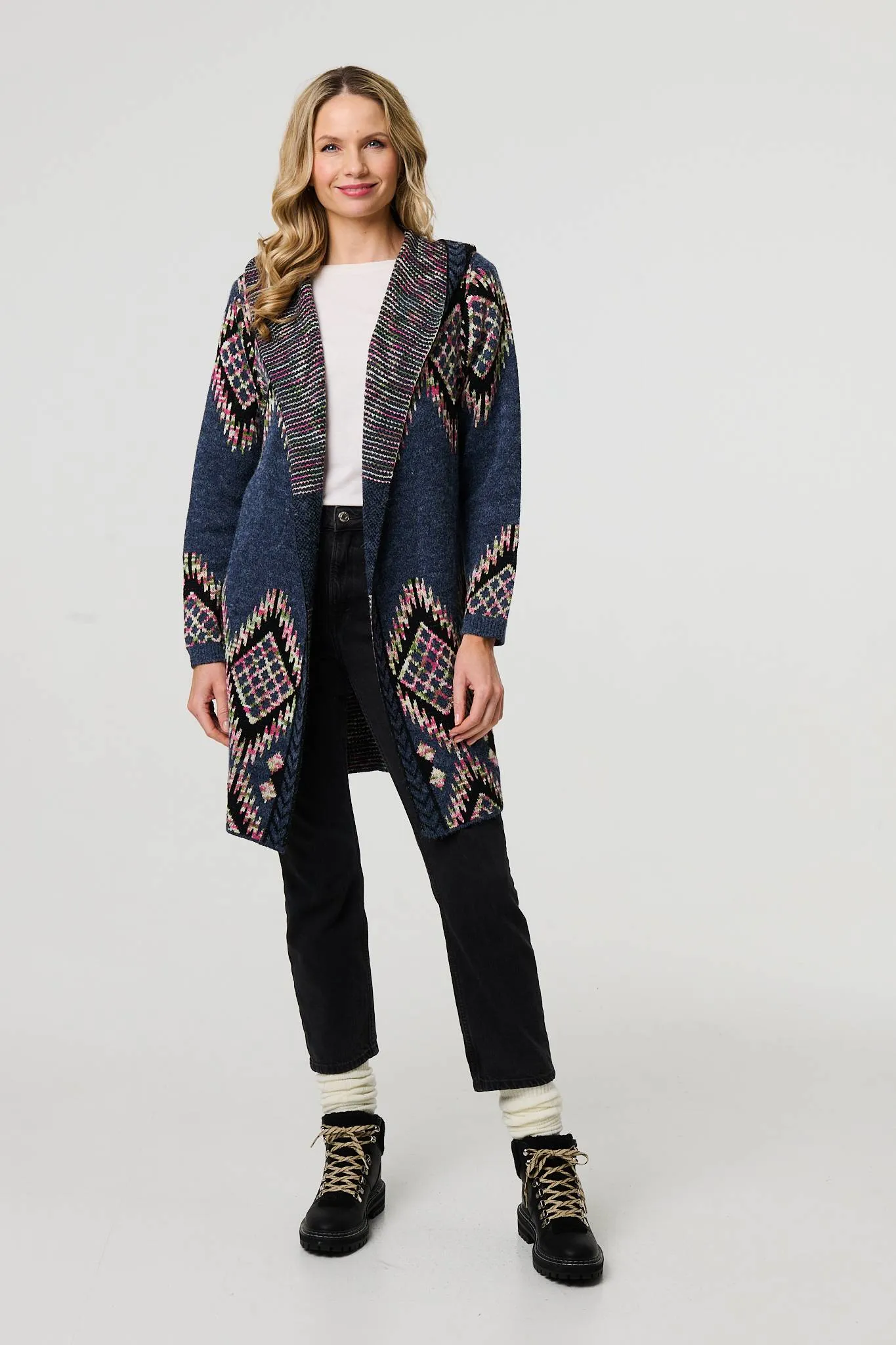 Aztec Print Longline Hooded Knit Jacket