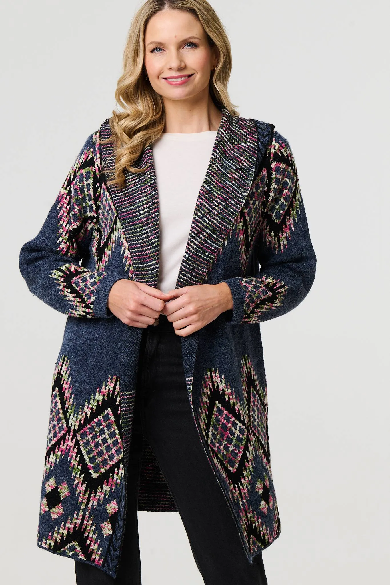 Aztec Print Longline Hooded Knit Jacket