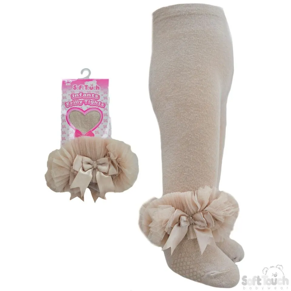 Beige Frilly Gift Tights W/Organza Lace & Bow - 0-12 Months  (GT62-be)