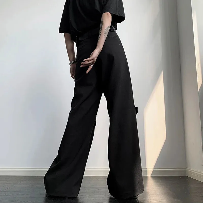 Black Color Belt Decor Wide-Leg Pants