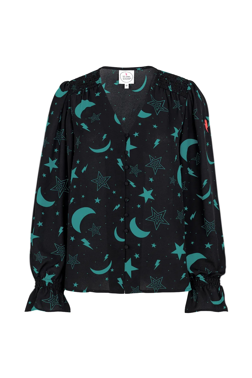 Black with Teal Moon & Star Print Button Through Top