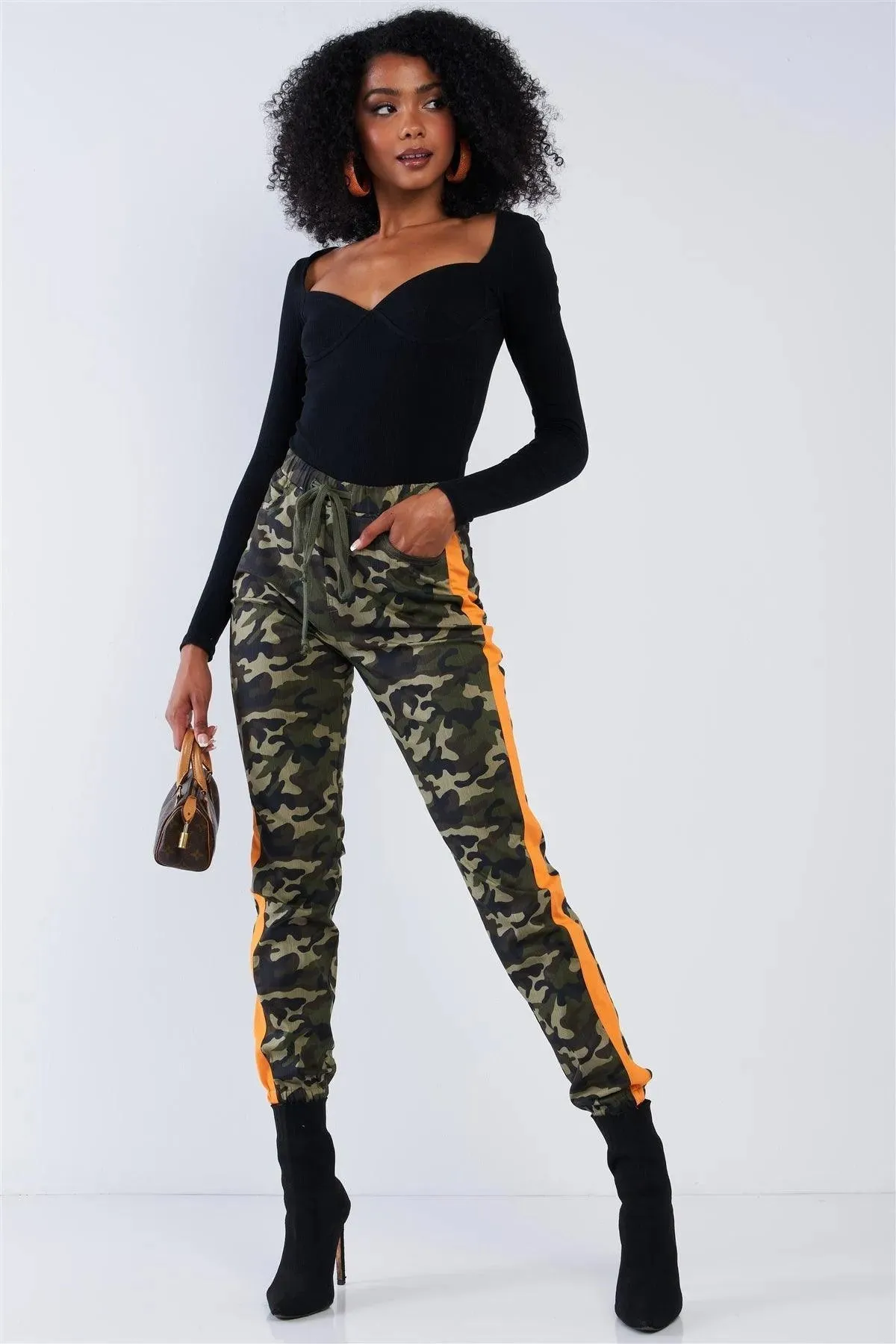 Camo High Waisted Orange Striped Draw String Cargo Pants