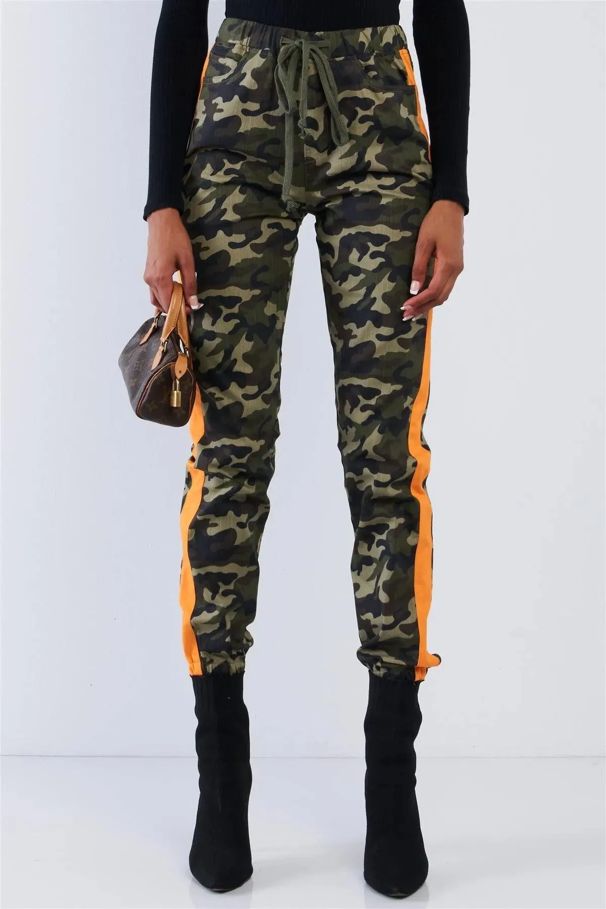 Camo High Waisted Orange Striped Draw String Cargo Pants