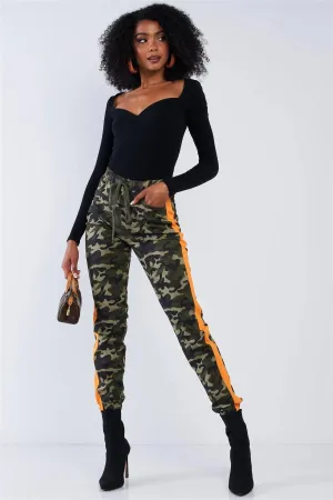 Camo High Waisted Orange Striped Draw String Cargo Pants