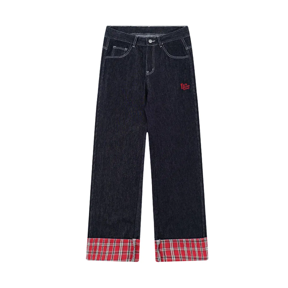 Classic Plaid Panel Roll-Up Jeans