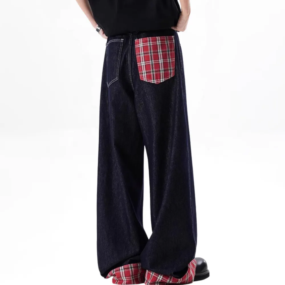 Classic Plaid Panel Roll-Up Jeans