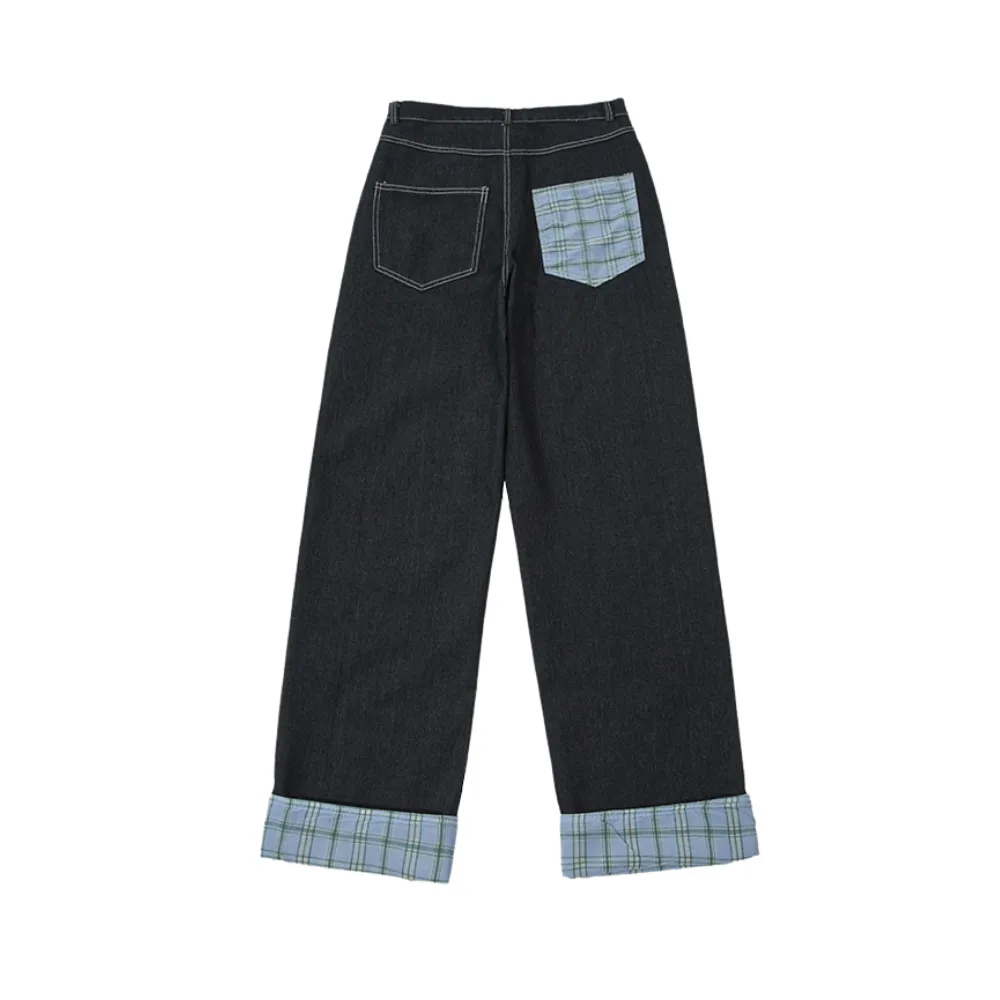 Classic Plaid Panel Roll-Up Jeans