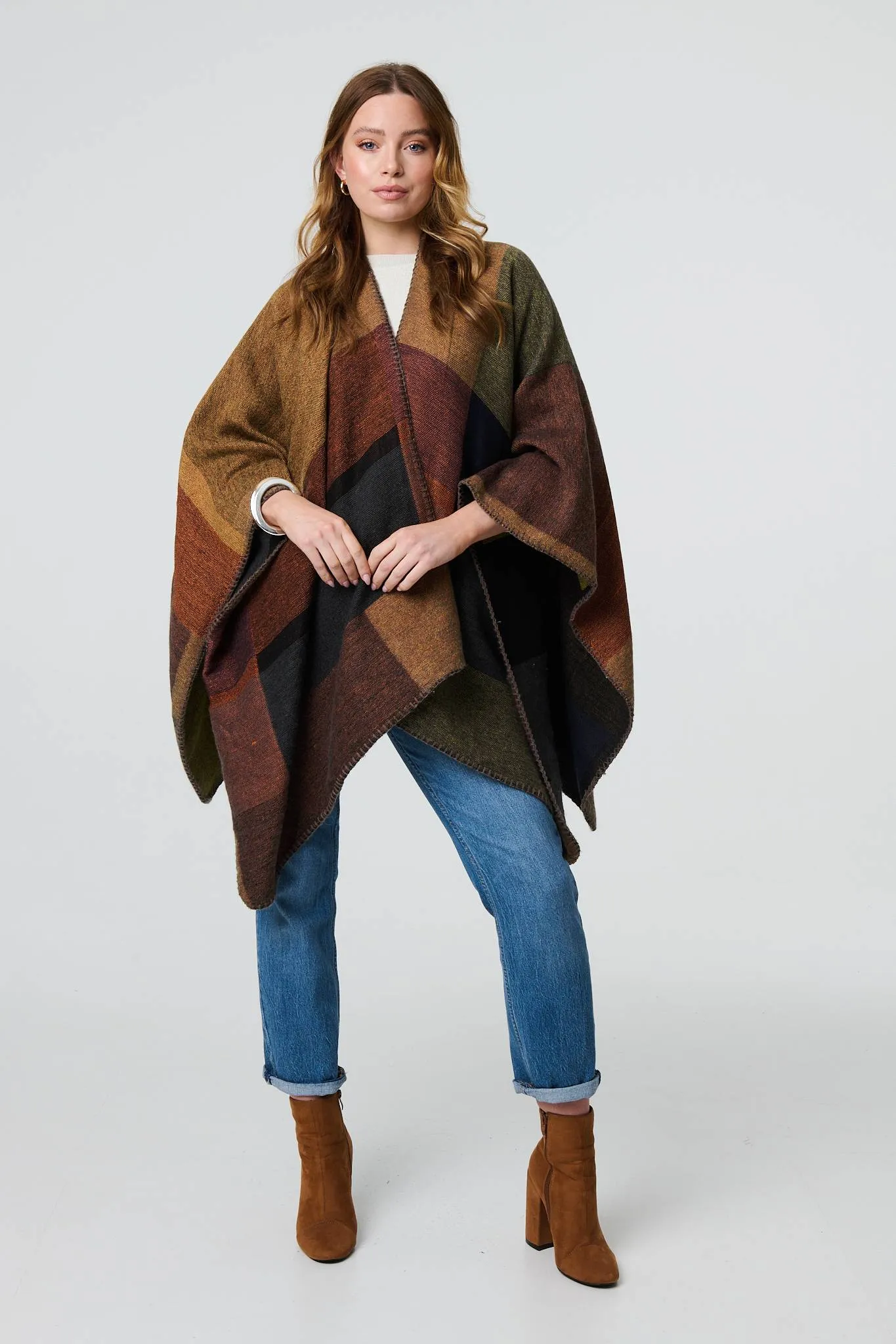 Colour Block 3/4 Sleeve Relaxed Poncho