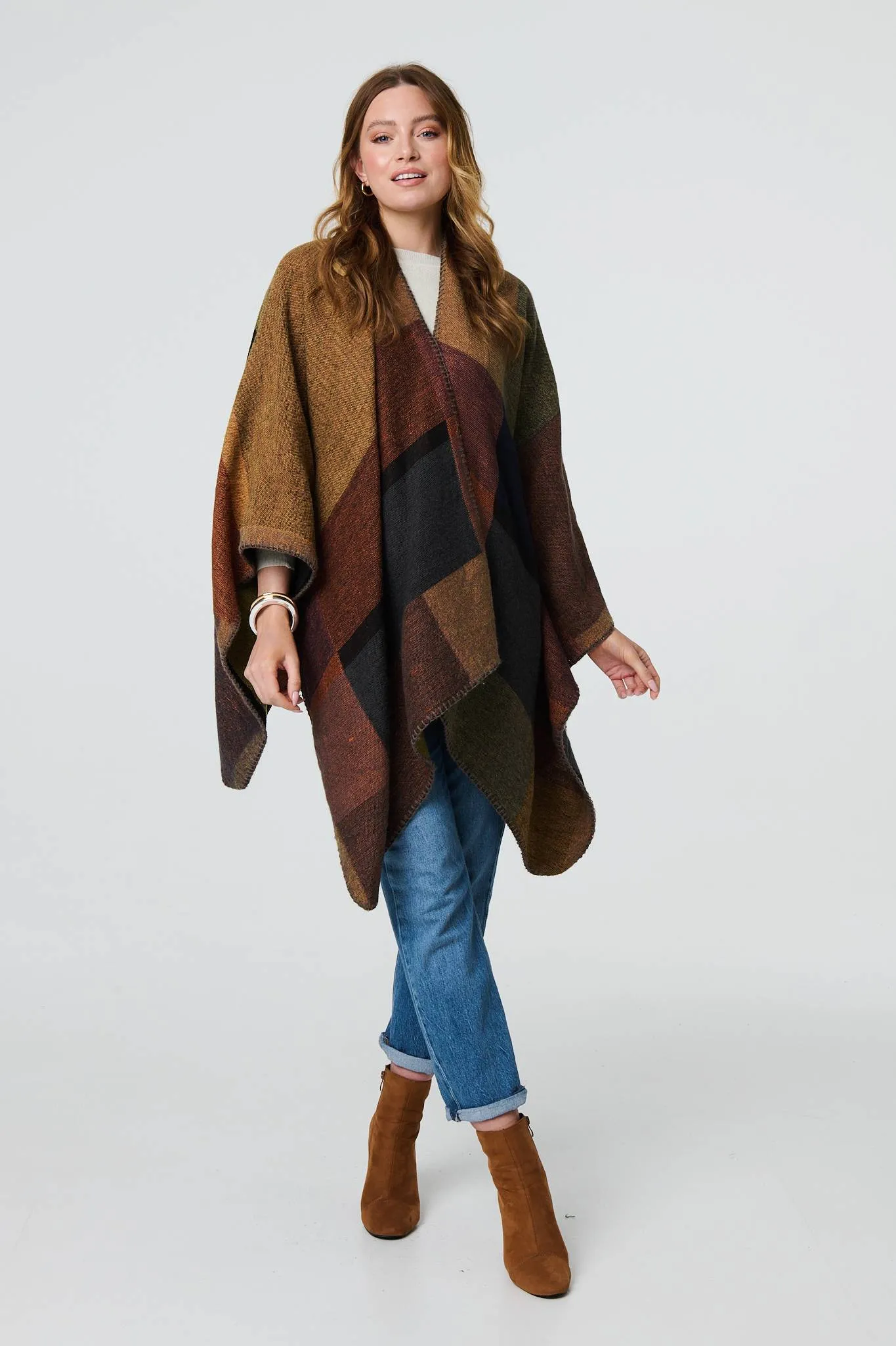 Colour Block 3/4 Sleeve Relaxed Poncho