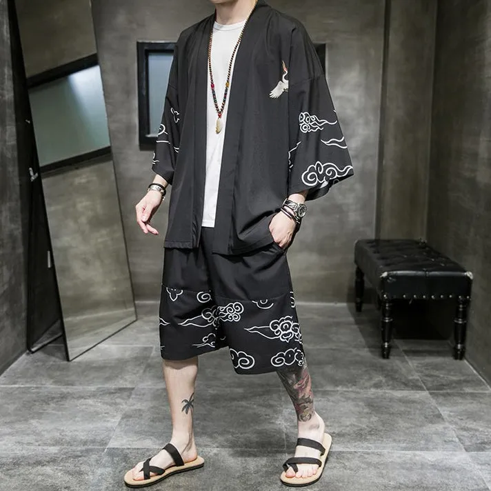 Crane Pattern Chinese Style Casual Kimono Suit