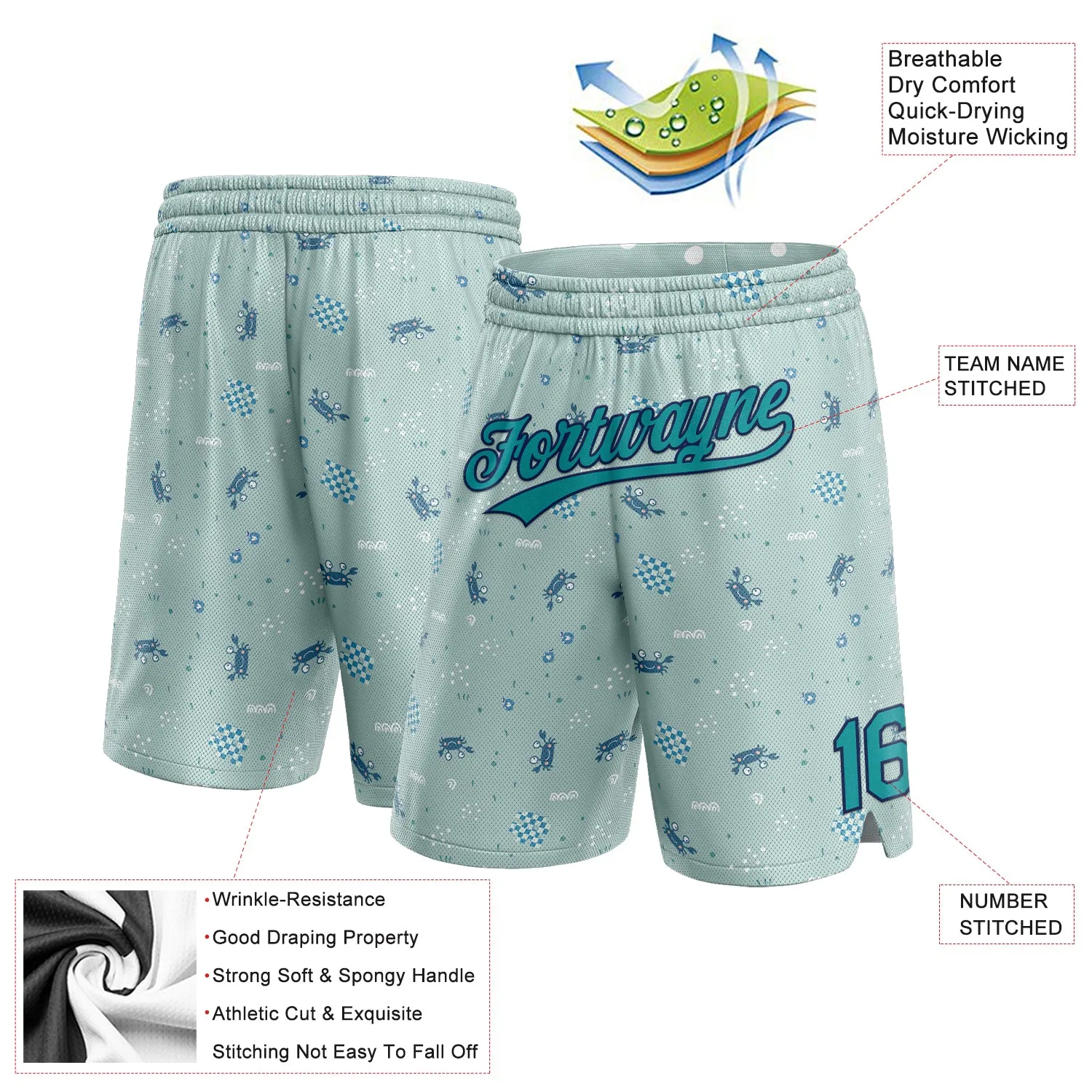 Custom Aqua Teal-Navy 3D Pattern Crabs Authentic Basketball Shorts