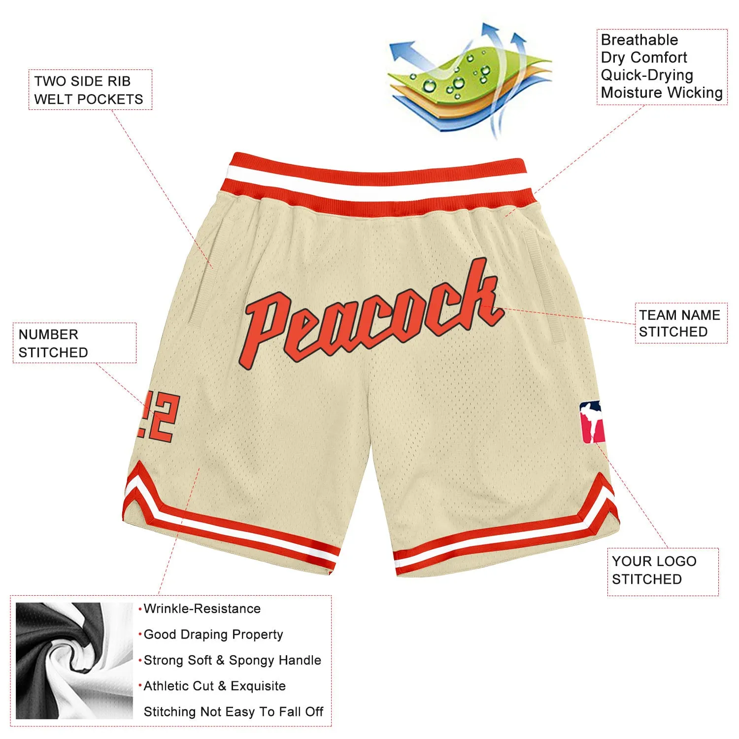 Custom Cream Orange-White Authentic Throwback Basketball Shorts