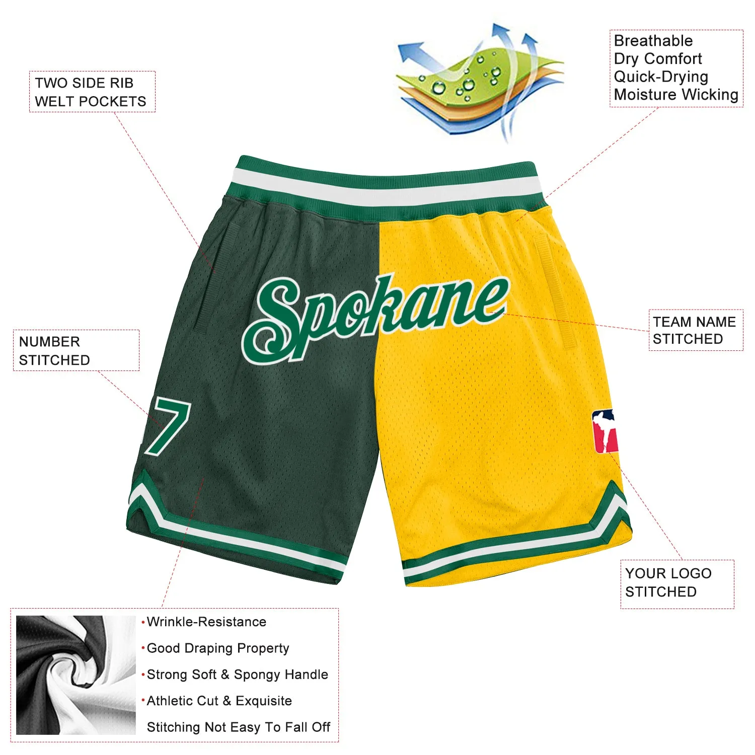 Custom Hunter Green Kelly Green-Gold Authentic Throwback Split Fashion Basketball Shorts