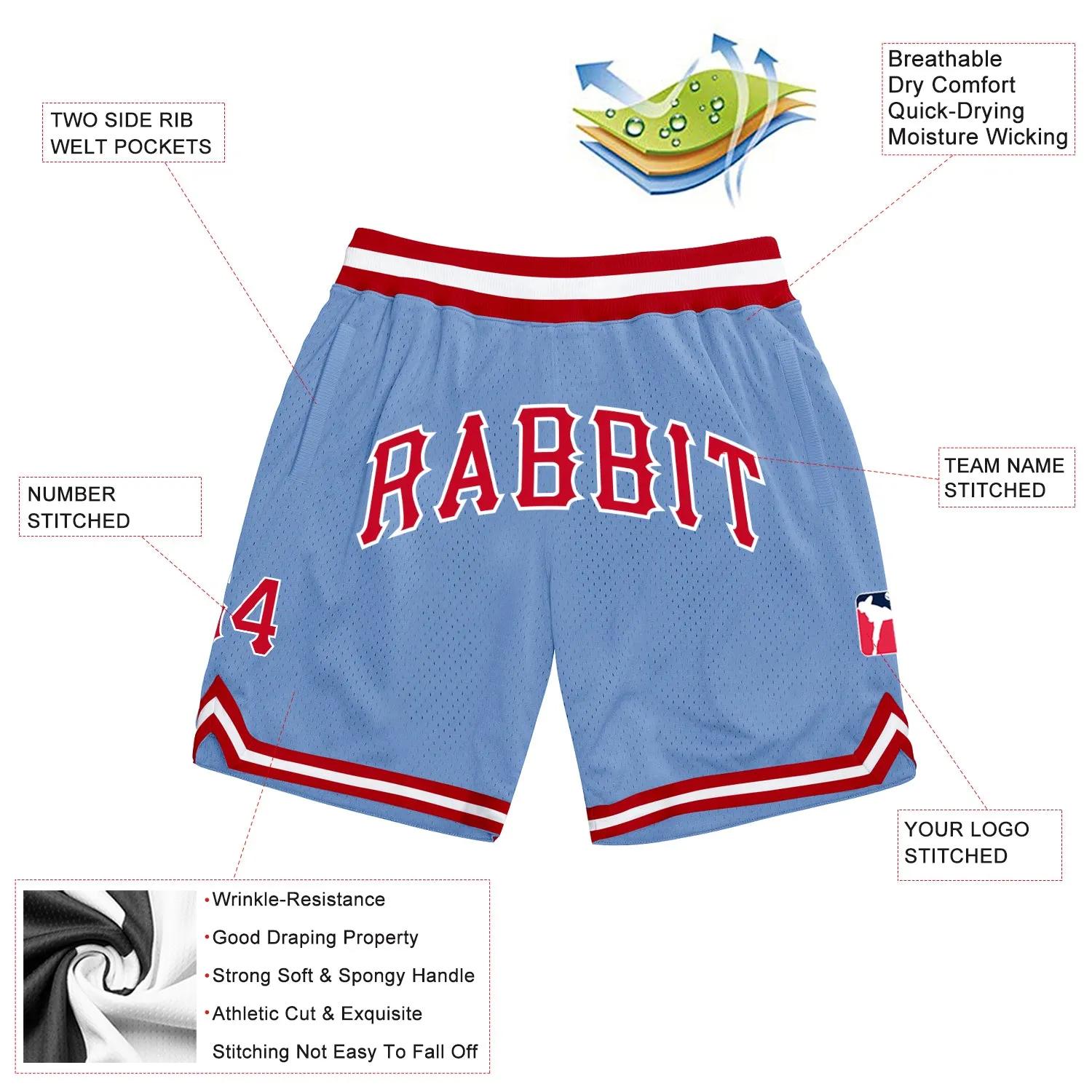 Custom Light Blue Red-White Authentic Throwback Basketball Shorts