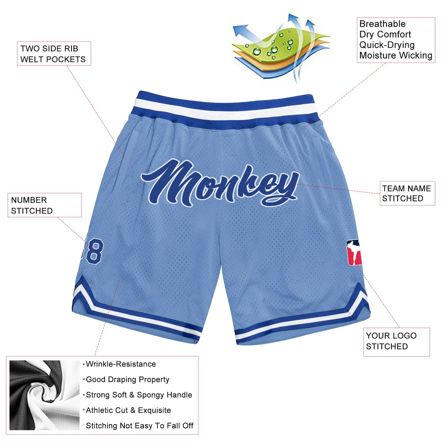 Custom Light Blue Royal-White Authentic Throwback Basketball Shorts