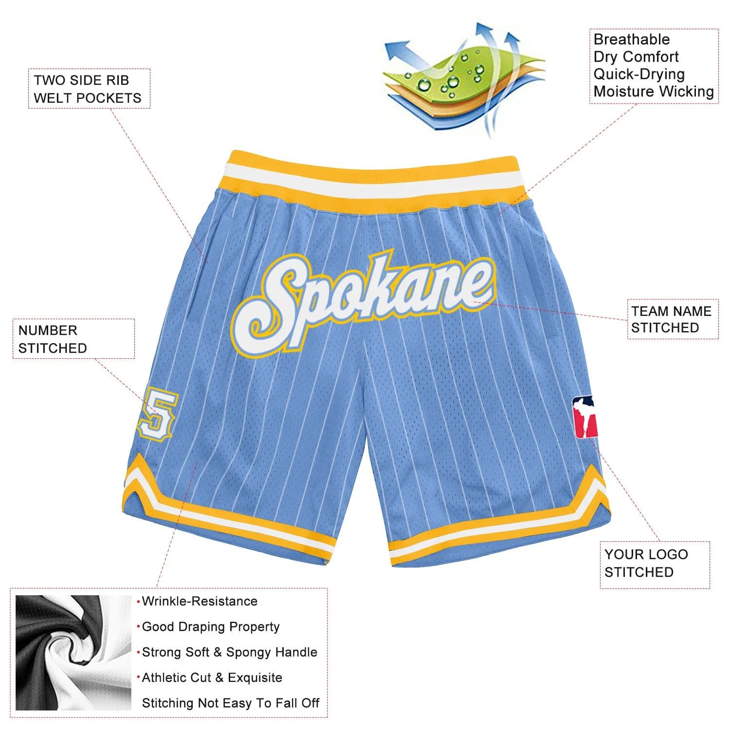 Custom Light Blue White Pinstripe White-Gold Authentic Basketball Shorts