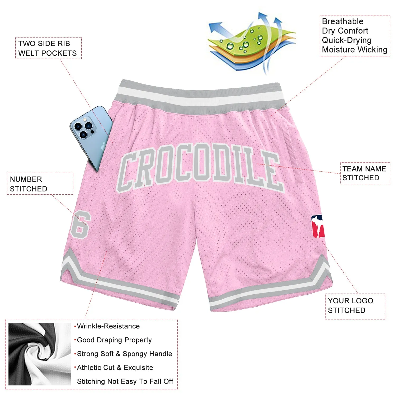 Custom Light Pink Gray-White Authentic Throwback Basketball Shorts