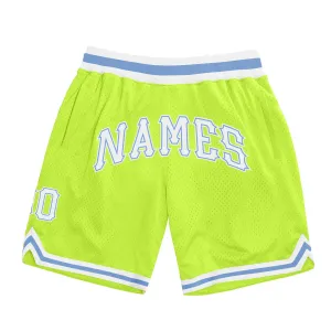 Custom Neon Green White-Light Blue Authentic Throwback Basketball Shorts