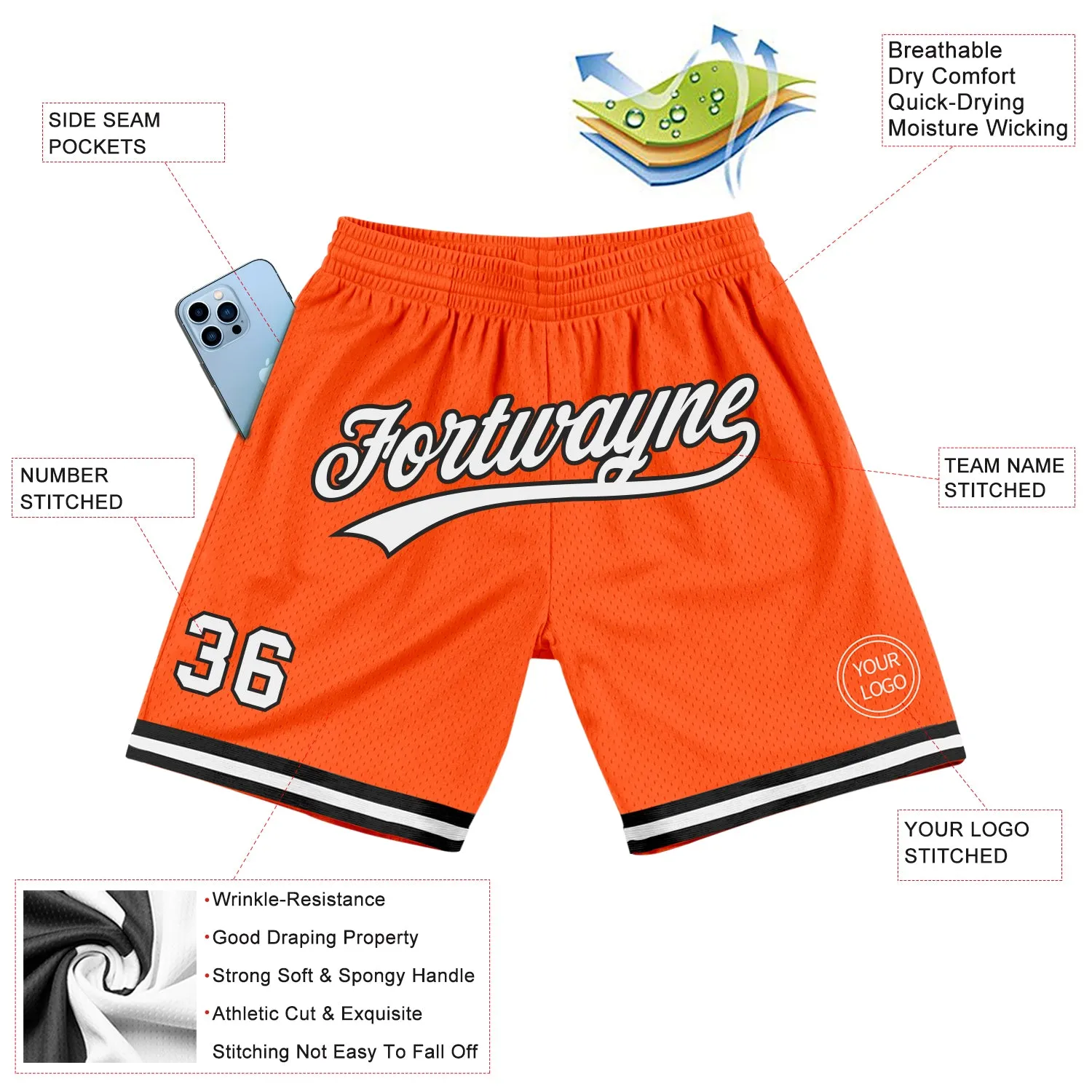 Custom Orange White-Black Authentic Throwback Basketball Shorts