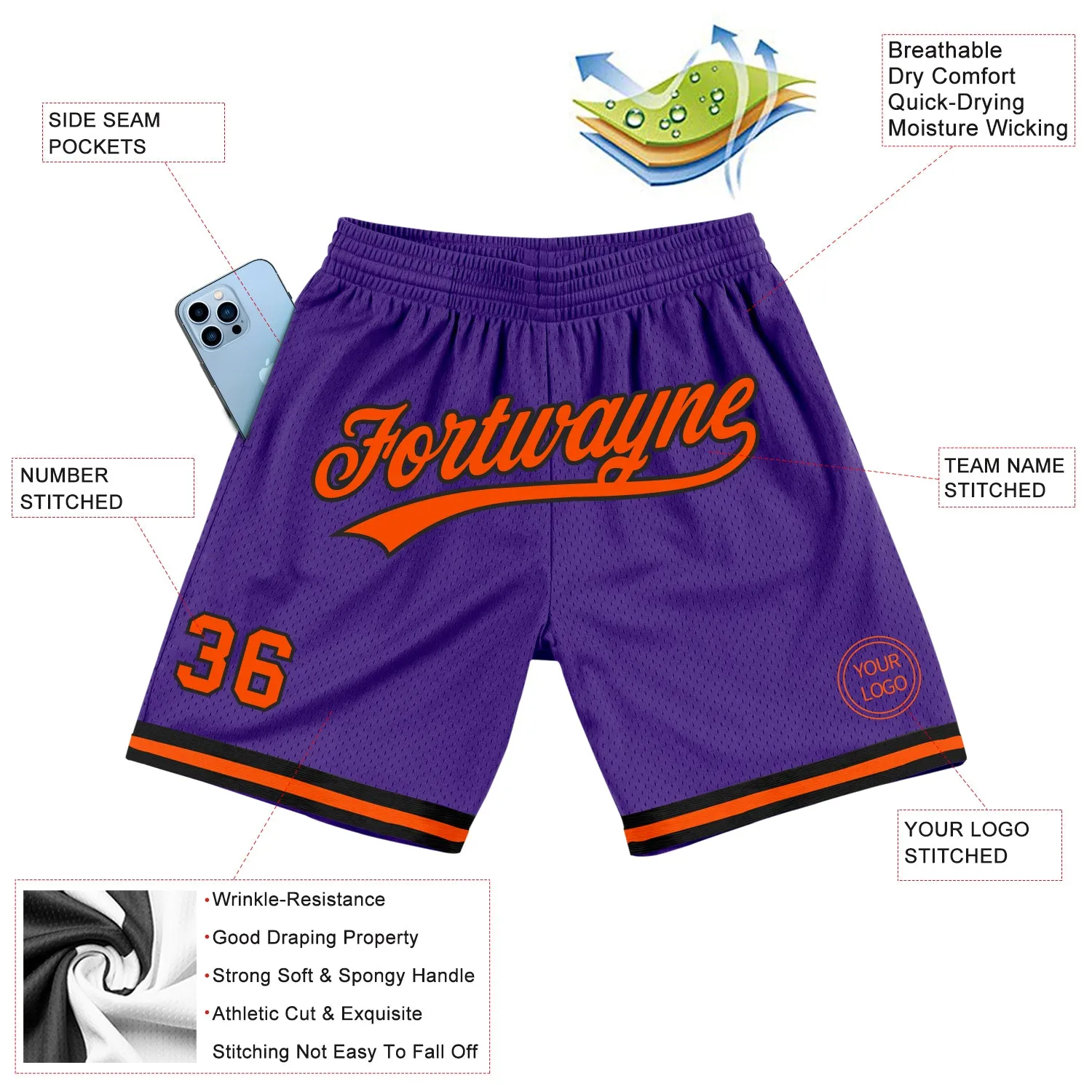 Custom Purple Orange-Black Authentic Throwback Basketball Shorts