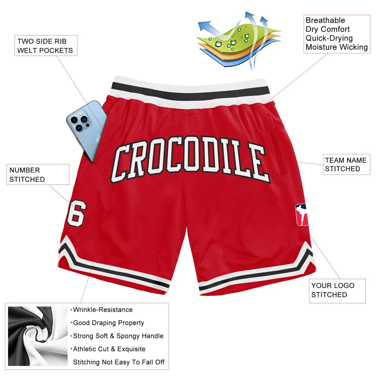 Custom Red White-Black Authentic Throwback Basketball Shorts