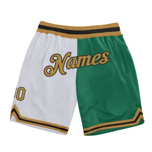 Custom White Old Gold-Kelly Green Authentic Throwback Split Fashion Basketball Shorts