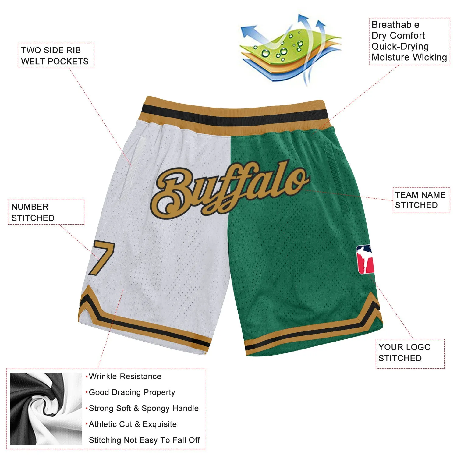 Custom White Old Gold-Kelly Green Authentic Throwback Split Fashion Basketball Shorts