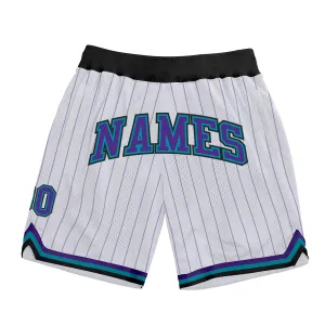 Custom White Purple Pinstripe Purple-Teal Authentic Basketball Shorts