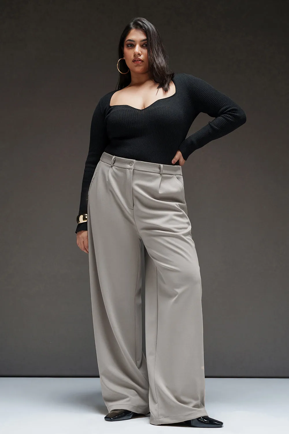 Dove Grey Curve Textured Korean Pants