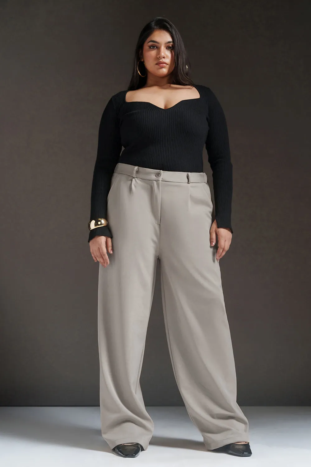 Dove Grey Curve Textured Korean Pants