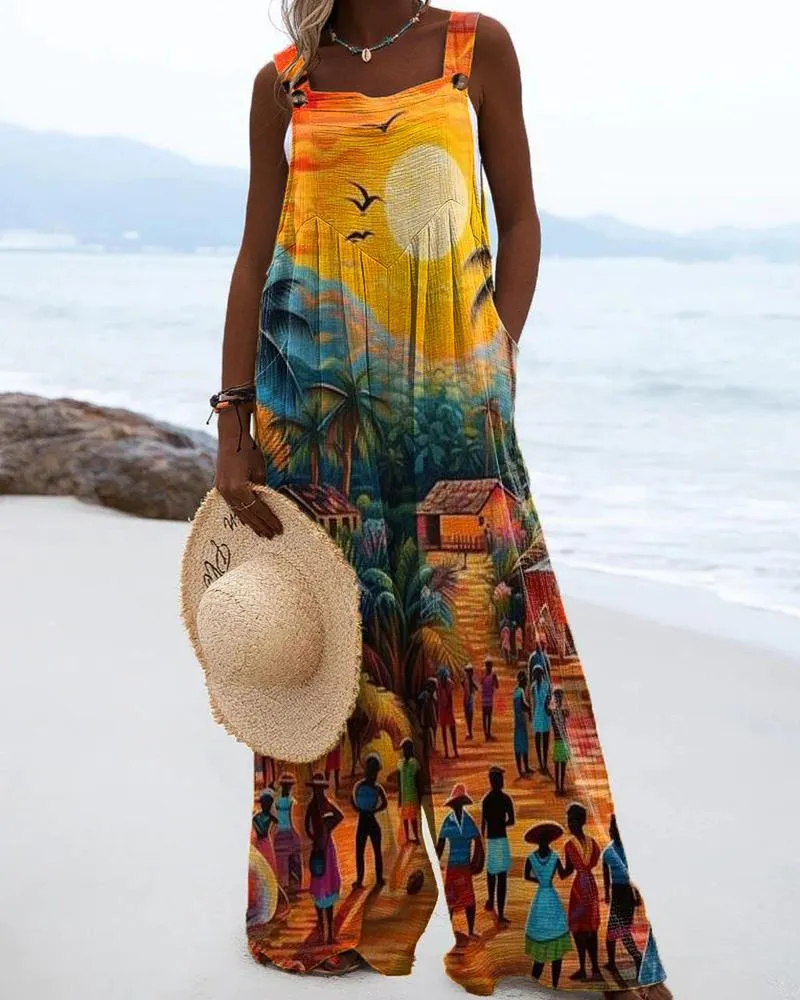 Ethnic Style Black Holiday Casual Printed Jumpsuit