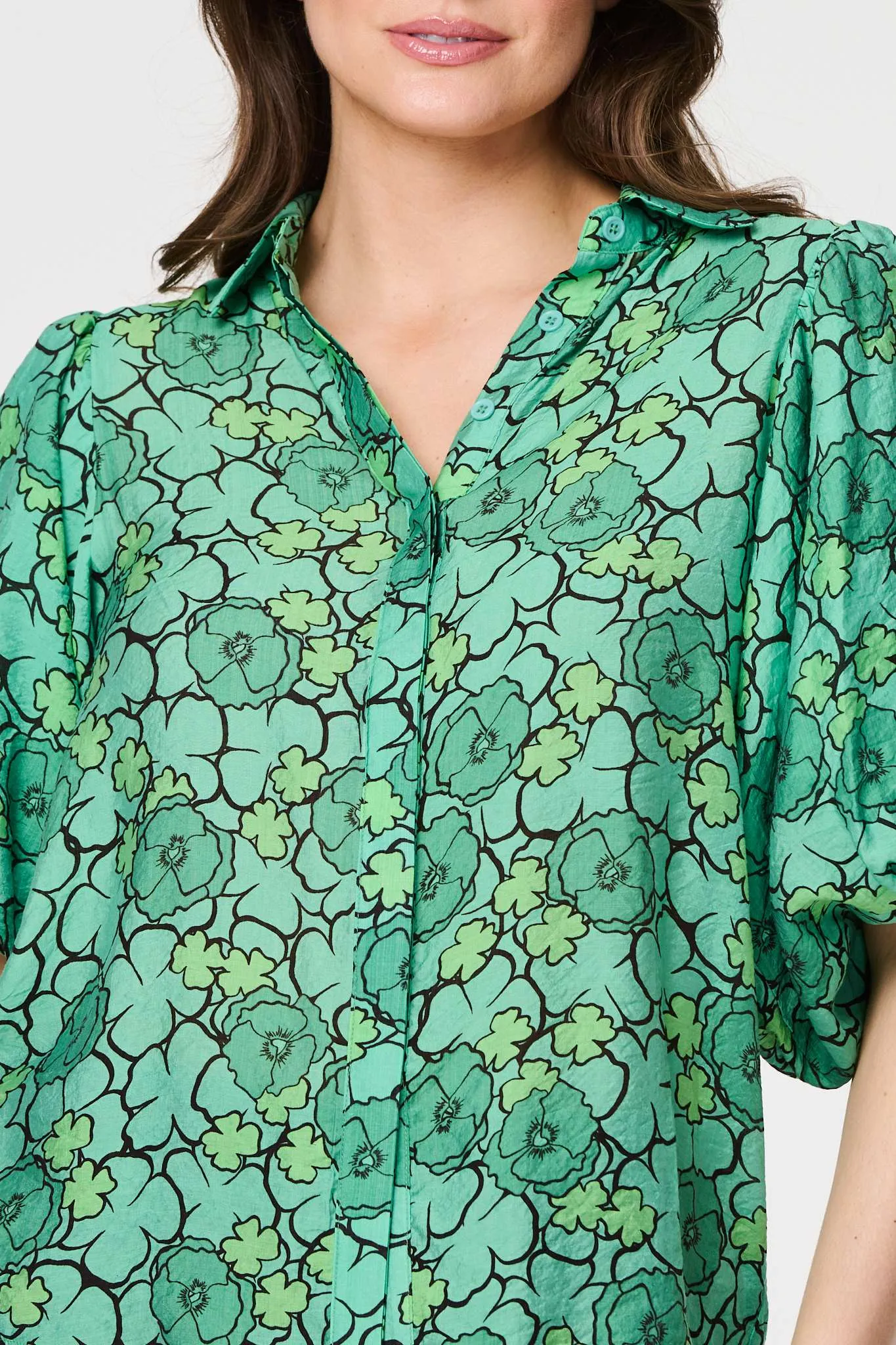 Leaf Print 1/2 Puff Sleeve Blouse