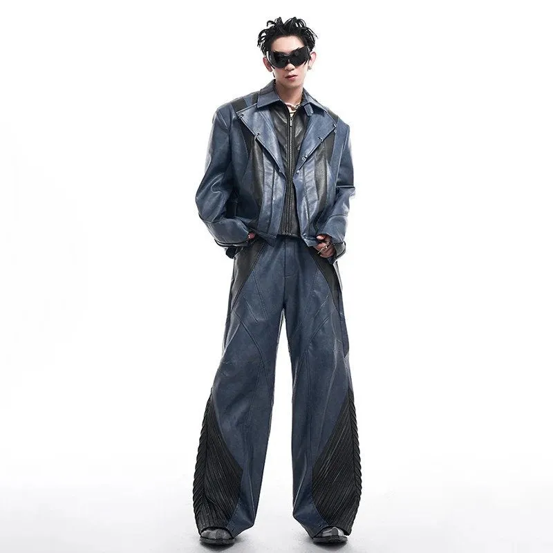 Leather Double Layer Patchwork Pants Set