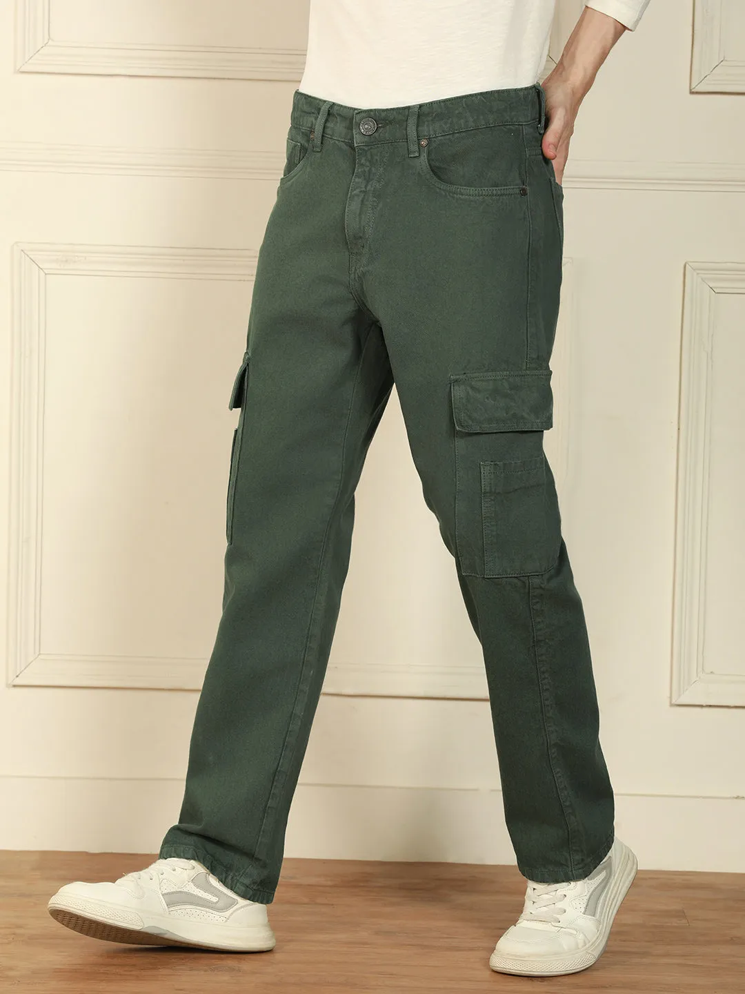 Men's Olive Relaxed Fit Solid Cotton Jeans