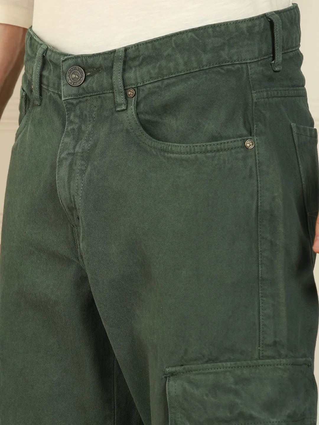 Men's Olive Relaxed Fit Solid Cotton Jeans