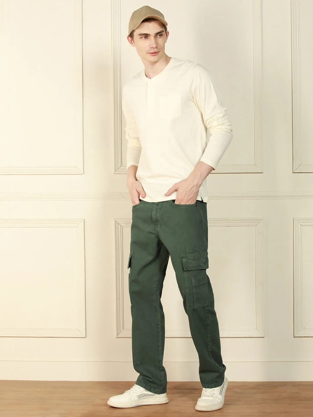 Men's Olive Relaxed Fit Solid Cotton Jeans