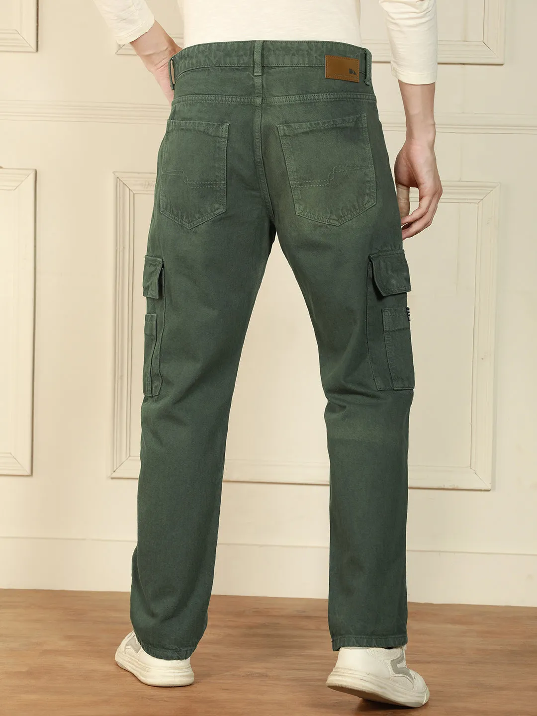 Men's Olive Relaxed Fit Solid Cotton Jeans