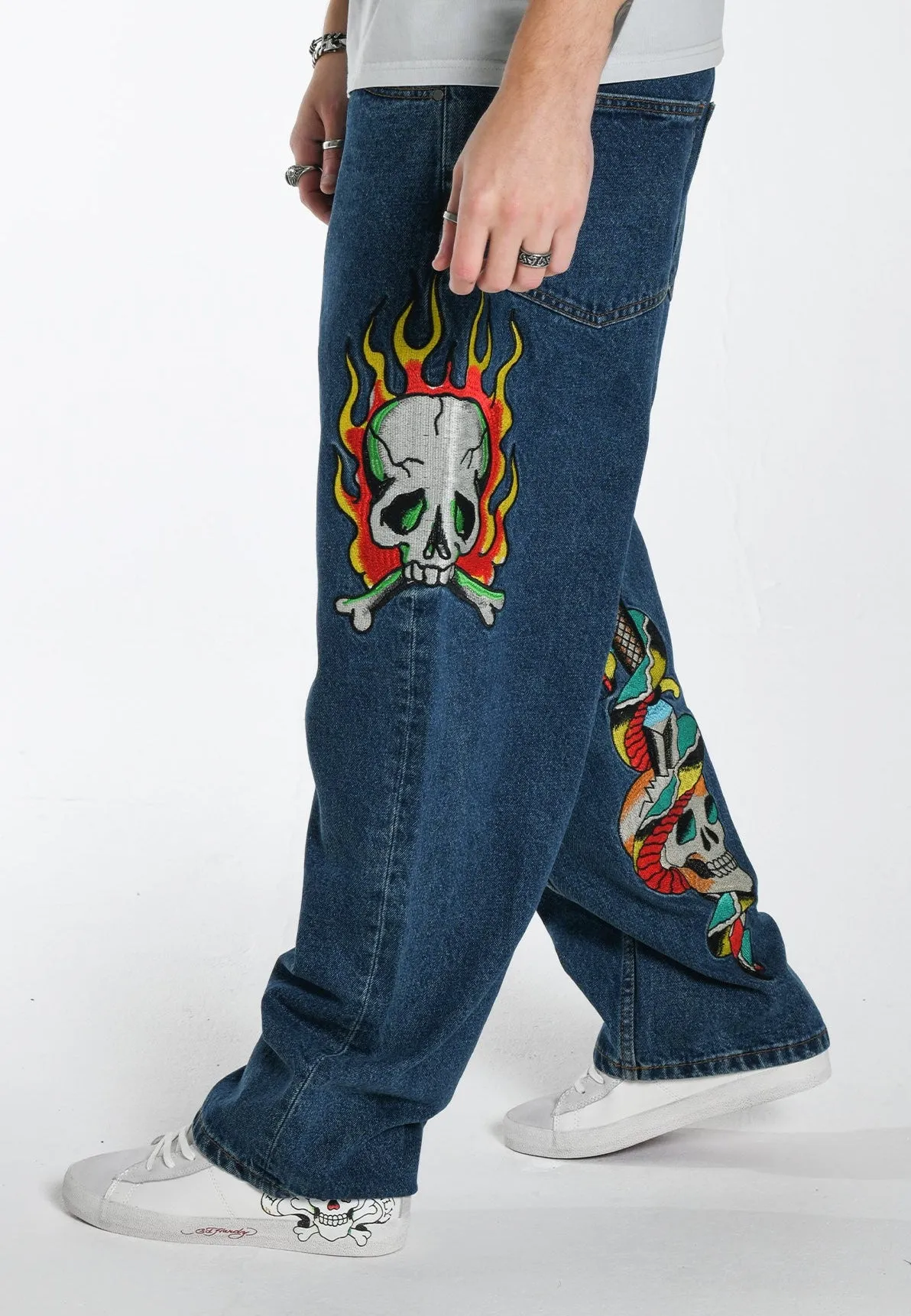 Mens Skull-Snake-Dagger Tattoo Graphic Denim Trousers Jeans - Indigo