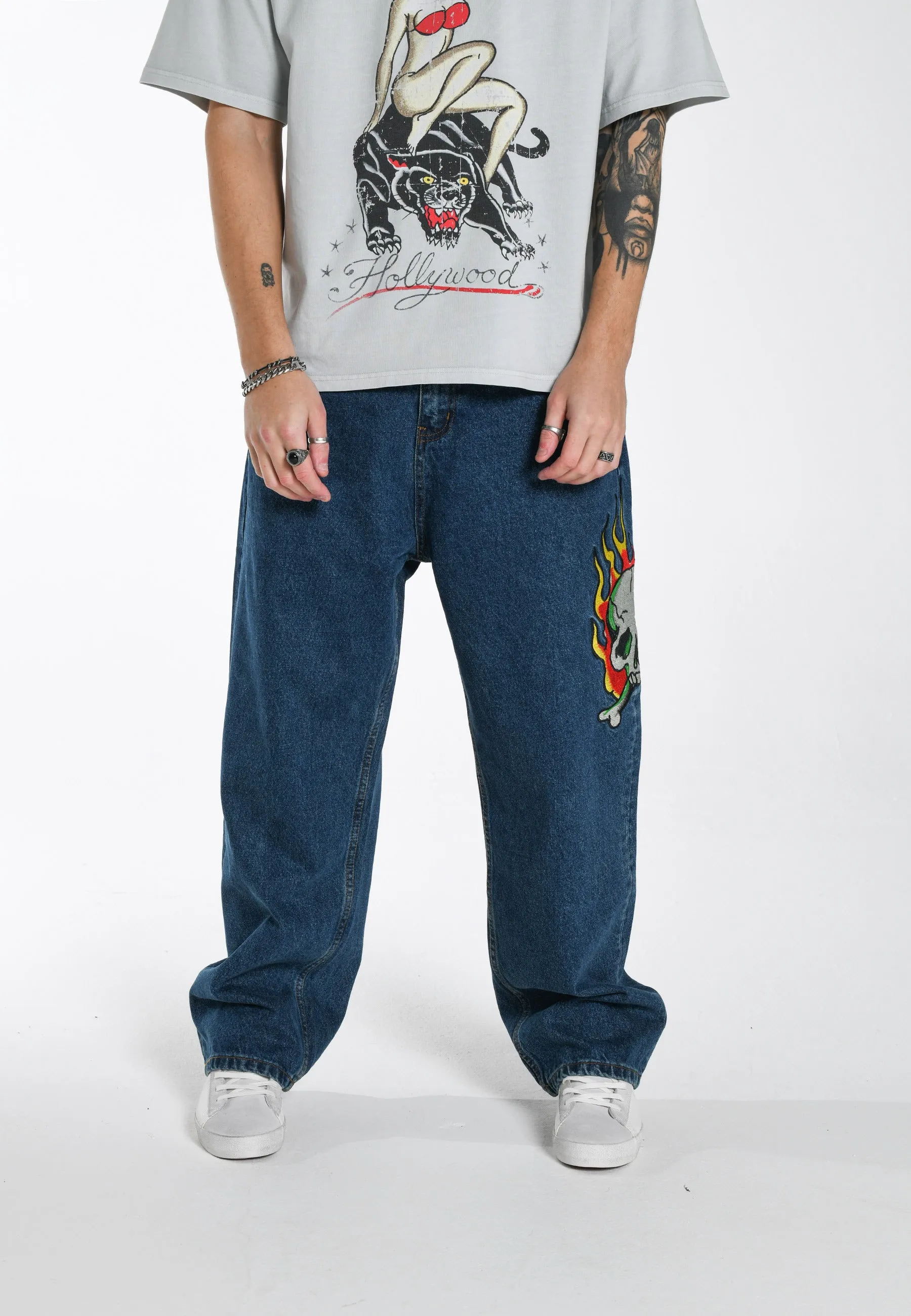 Mens Skull-Snake-Dagger Tattoo Graphic Denim Trousers Jeans - Indigo