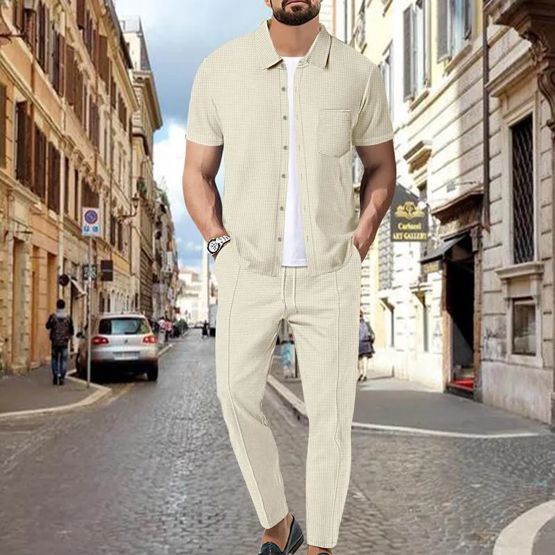 Men's Waffle Solid Color Short Sleeve Shirt and Pants Set 59383797X