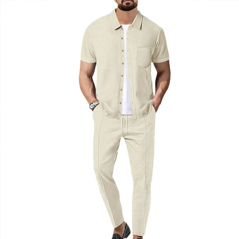 Men's Waffle Solid Color Short Sleeve Shirt and Pants Set 59383797X