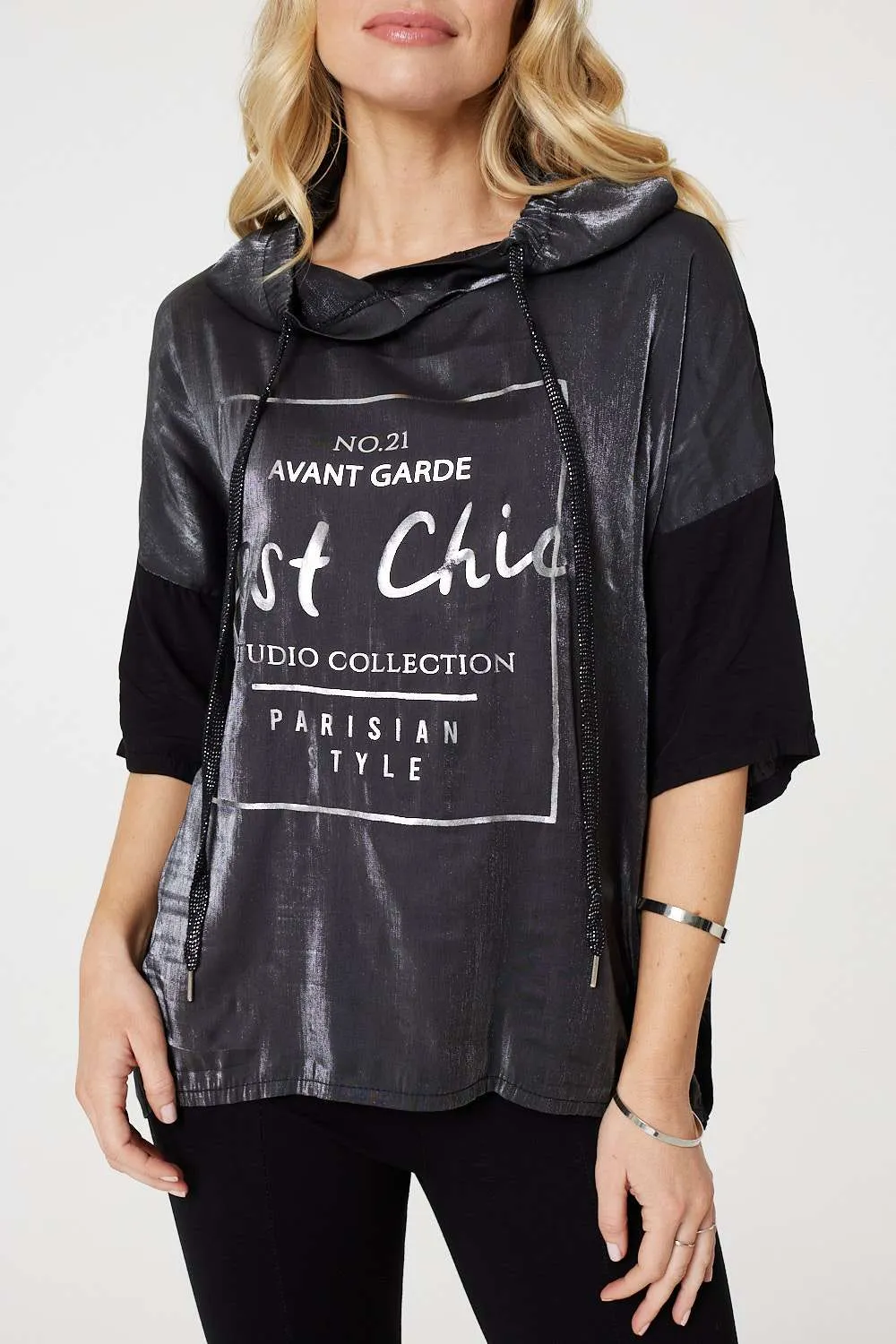 Metallic Logo Print Hooded Top