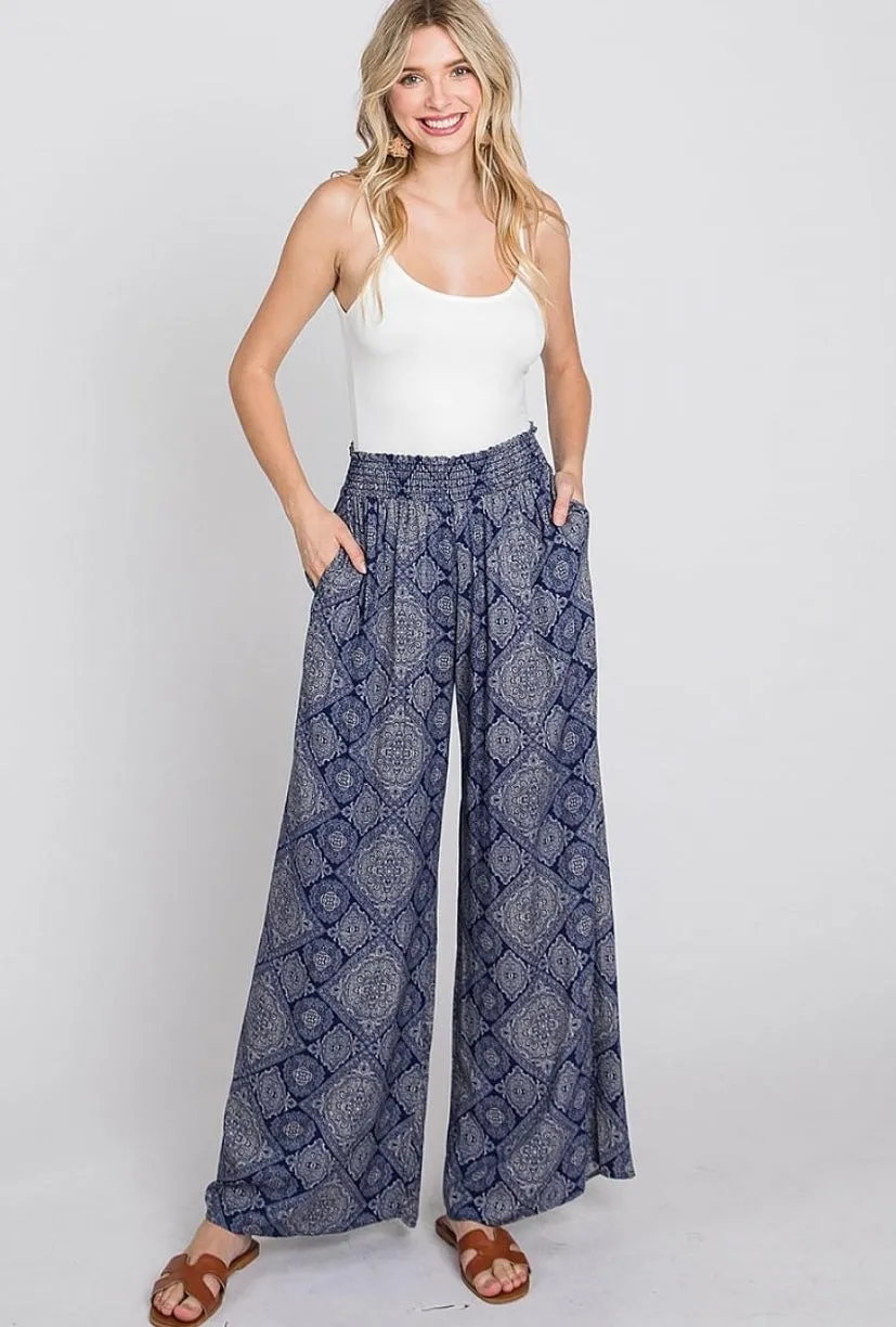 Navy Medallion Print Palazzo Pants w/Pockets