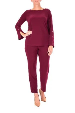 Nina Leonard Scoop Neck Embellished Shoulder Long Sleeve With Elastic Waist Pant