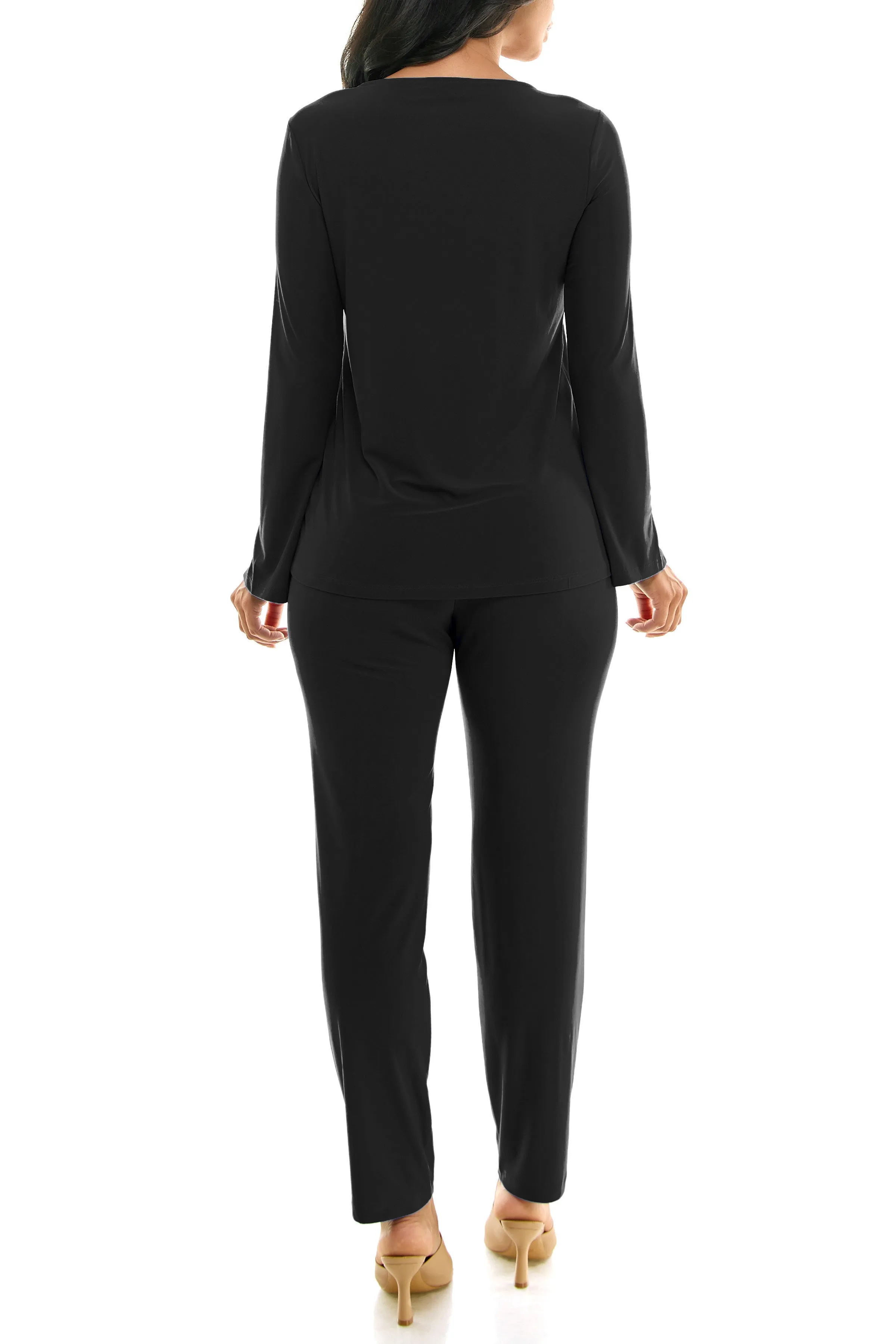 Nina Leonard Scoop Neck Embellished Shoulder Long Sleeve With Elastic Waist Pant